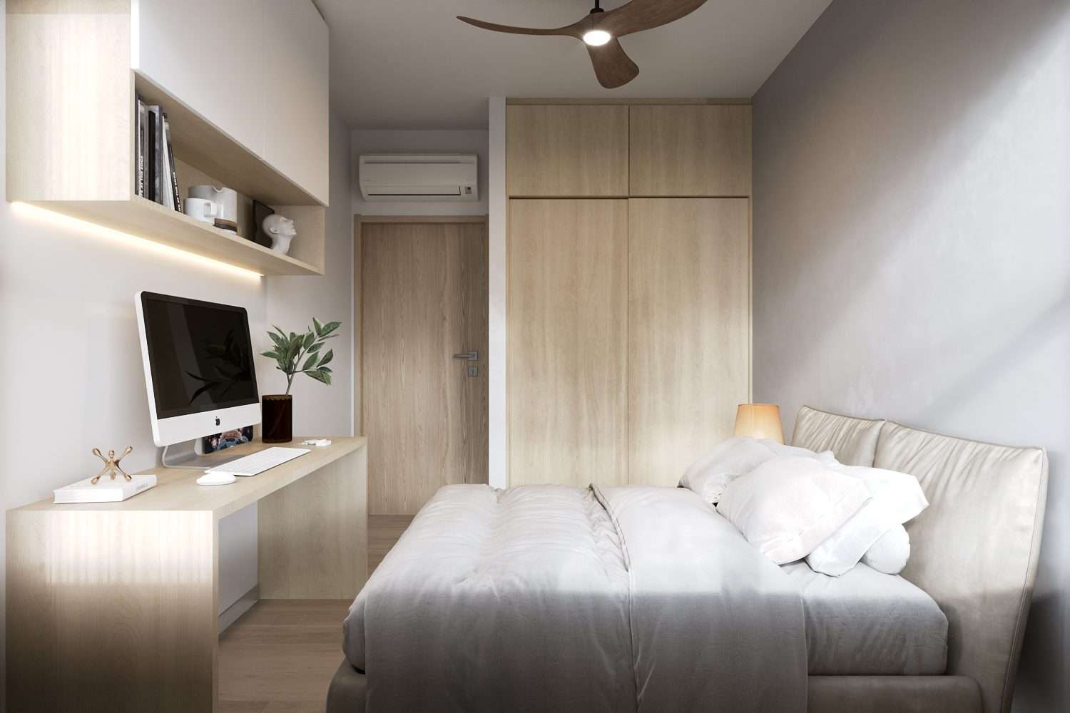 Secondary bedroom with study desk and full-height wardrobe