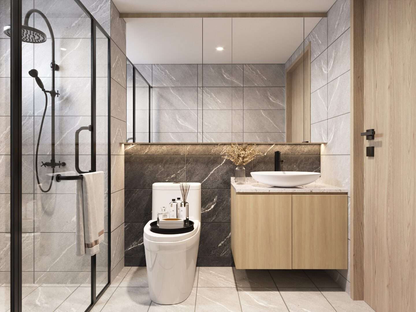 Common bathroom in grey marble tiles with floating vanity