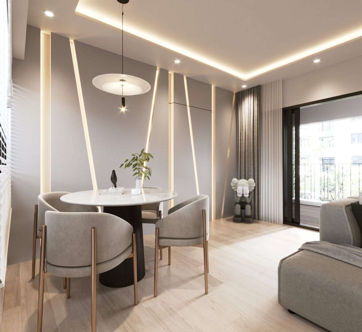 Dining area with feature light strips and round marble table