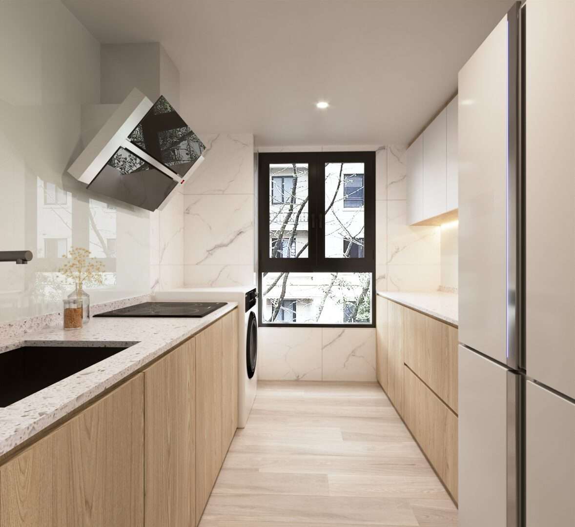 Galley kitchen with quartz countertop and light wood cabinetry