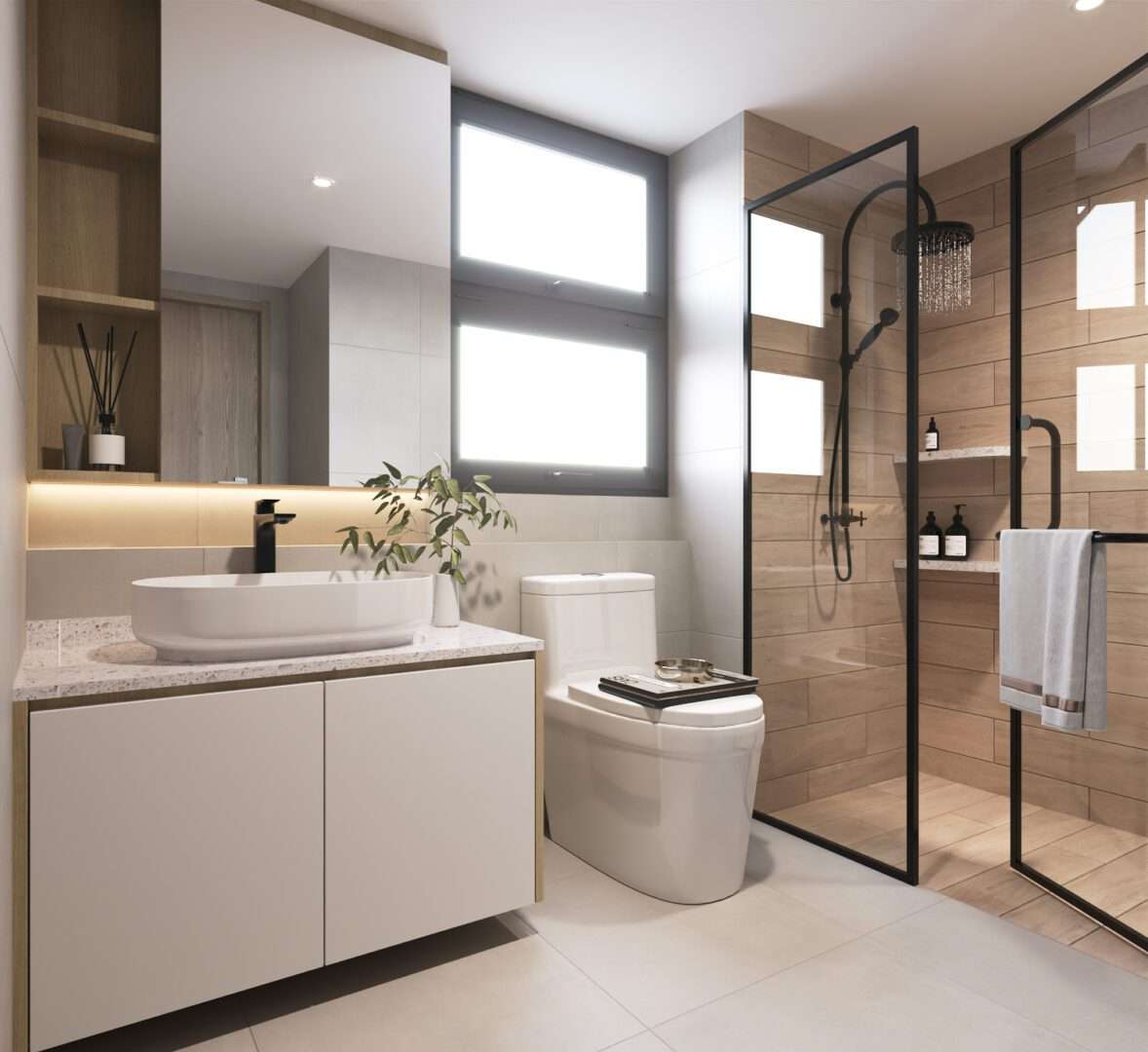 Master bathroom with wood-look tiles and black-framed shower