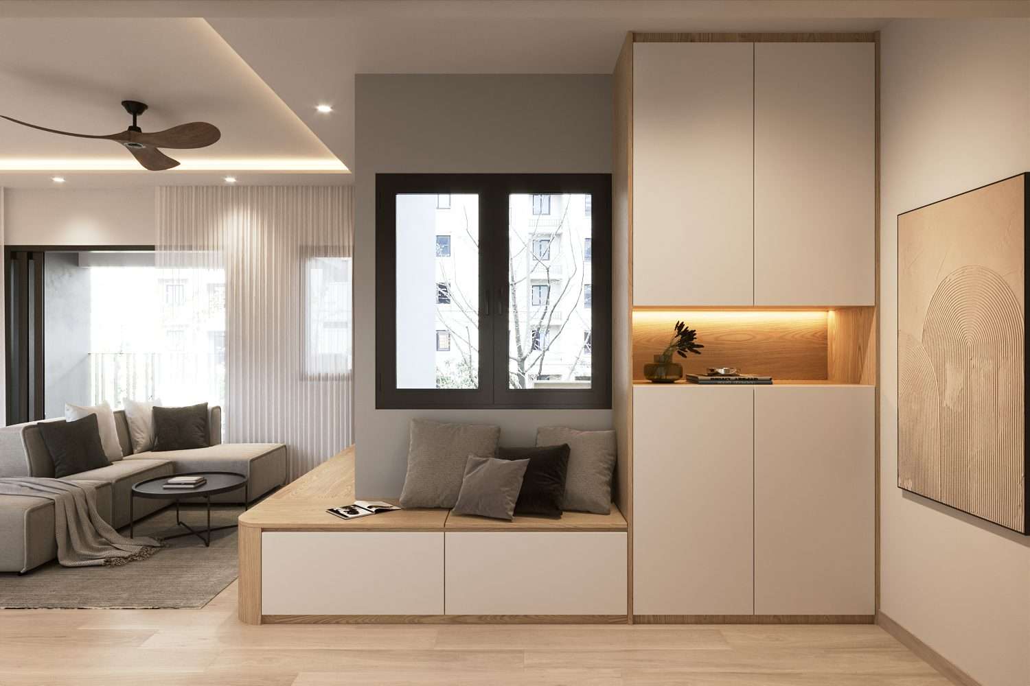 Entryway shoe cabinet with warm niche lighting and seating