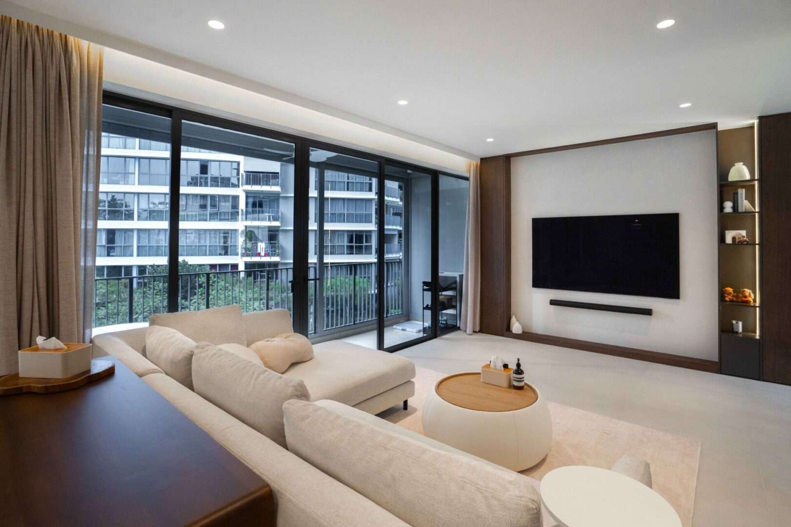 Hero wide shot of Italian minimalist condominium renovation by DY Design